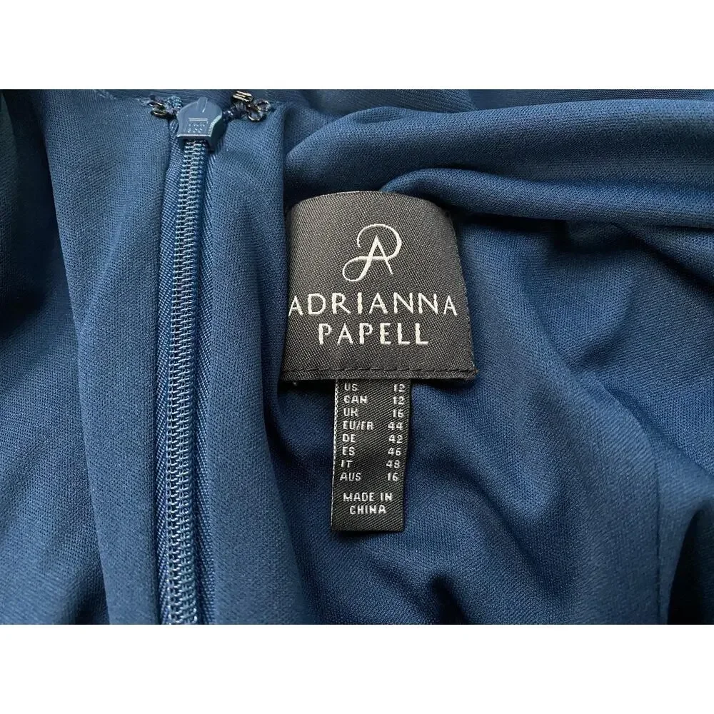 Adrianna Papell Dress Womens 12 Blue Ruched Puff Sleeve Hi Low Semi Formal Gown - Picture 10 of 13